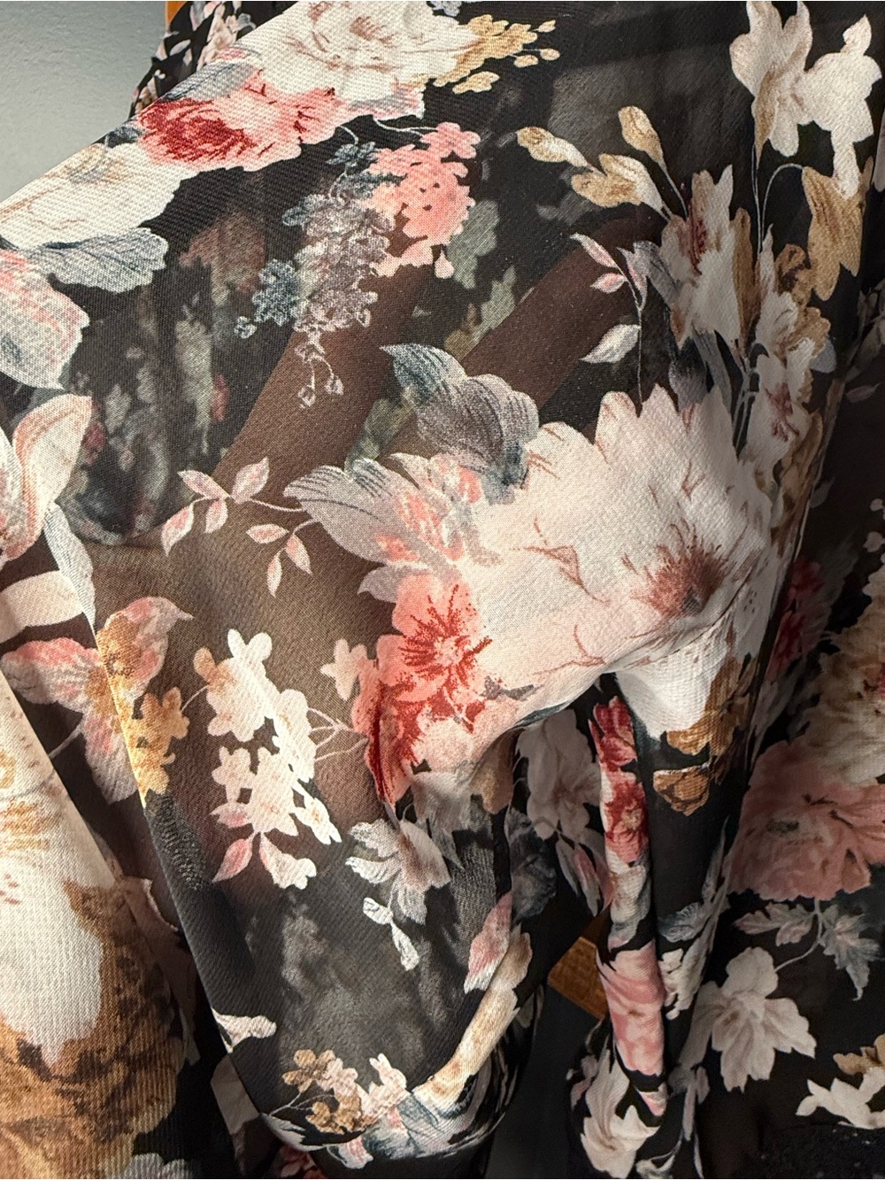 Black Floral Chiffon Kimono Cardigan | Lace Trim Open Front Boho Cover-Up - Picture 4 of 7